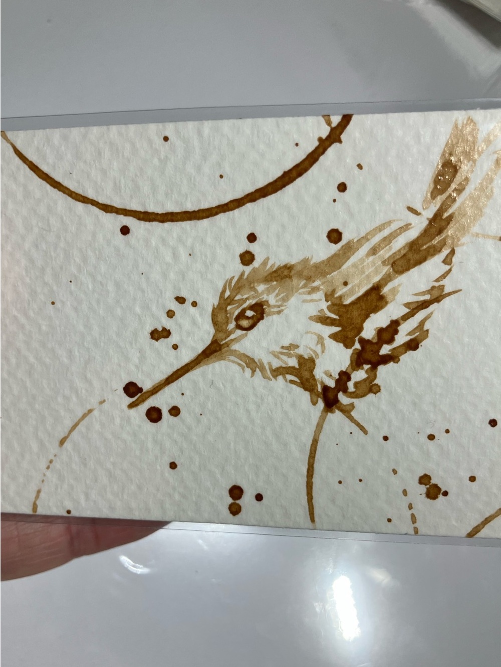 Aceo original hummingbird coffee painting bird Java art “treat yourself”